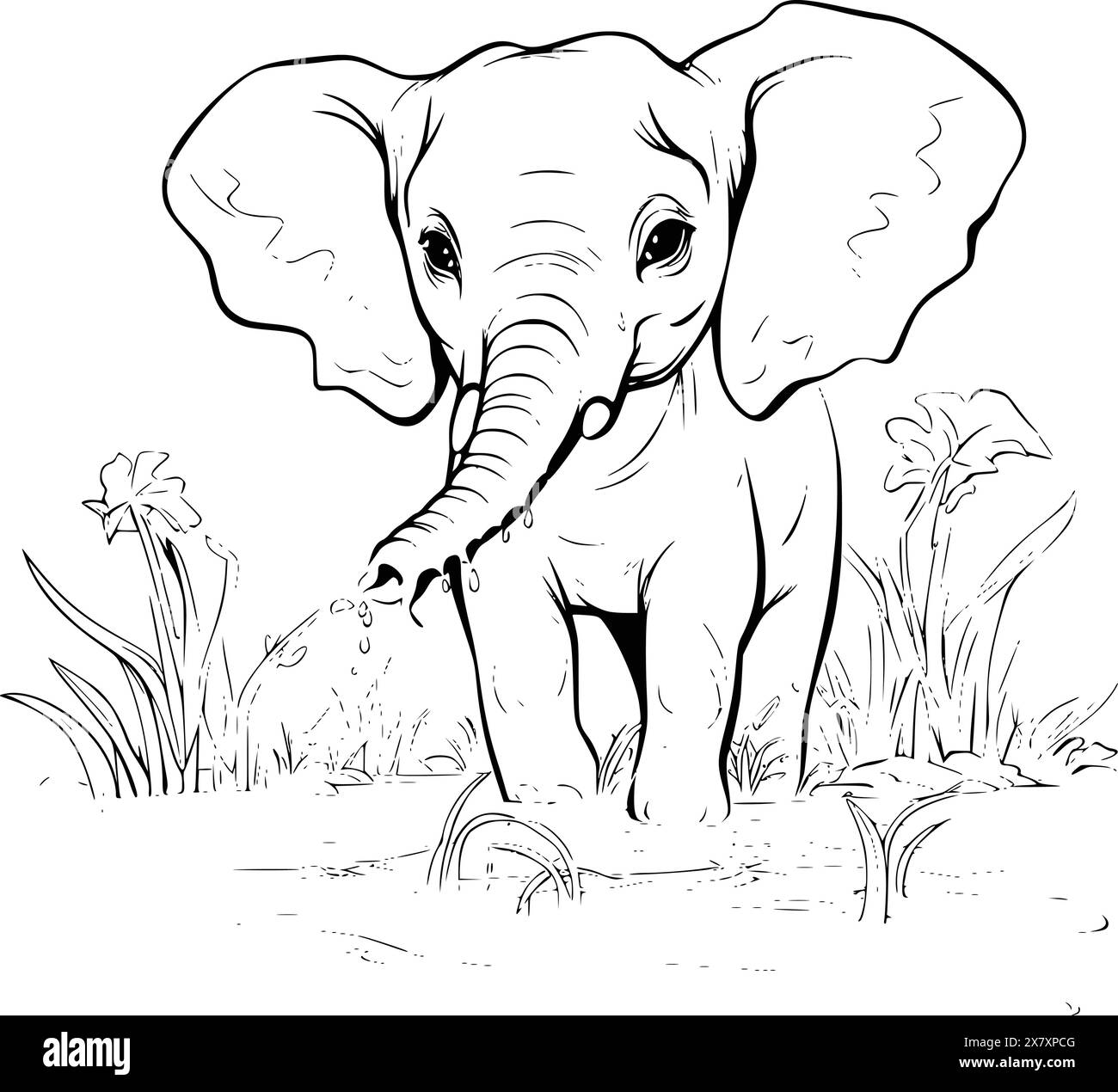 Éléphant jouant dans la page de coloration de l'eau pour les enfants Illustration de Vecteur