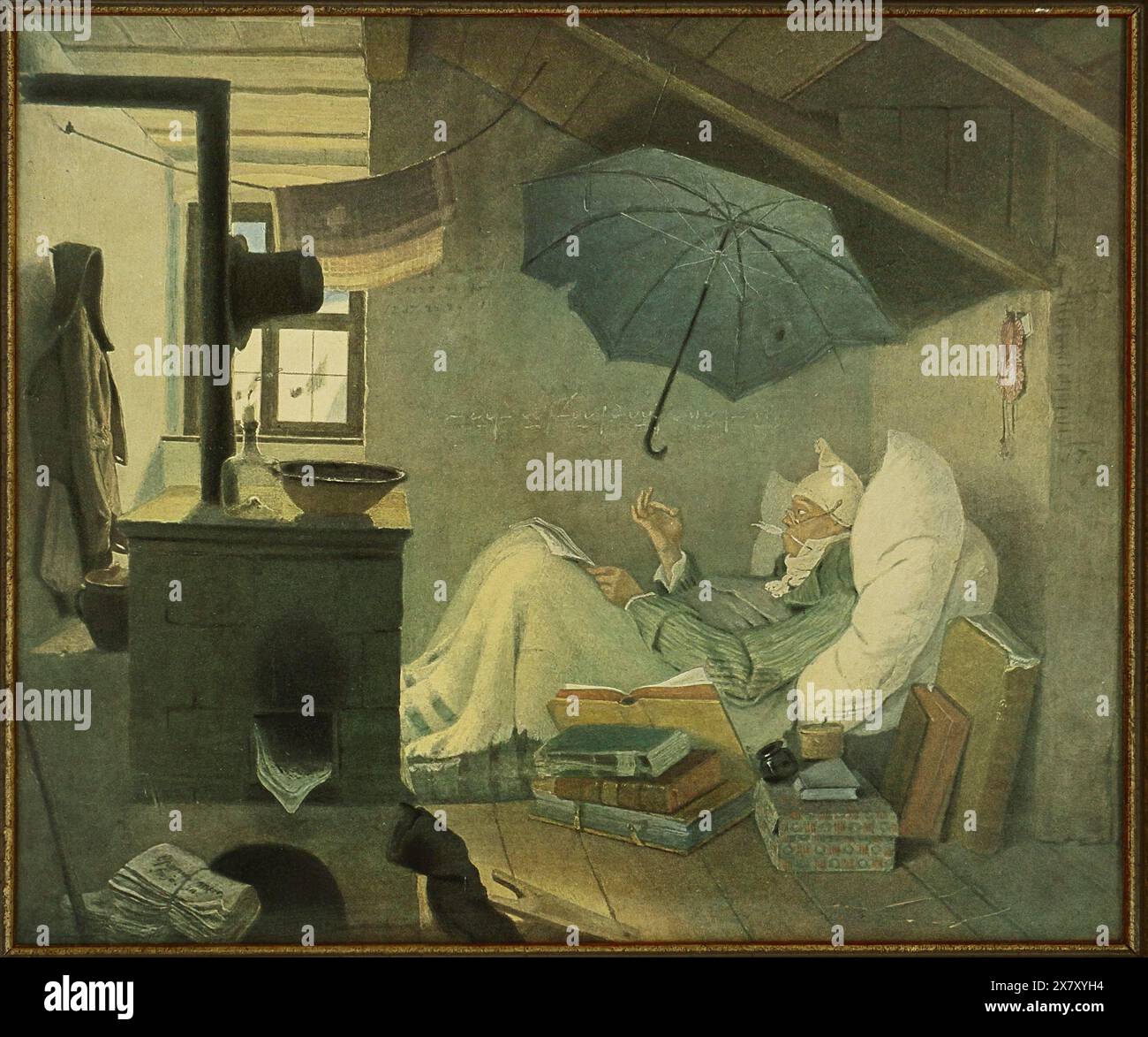 Tirage du célèbre tableau le pauvre poète de Carl Spitzweg, 1808, 1885, créé en 1839, en propriété privée, Rhénanie du Nord-Westphalie, Allemagne, Europ Banque D'Images