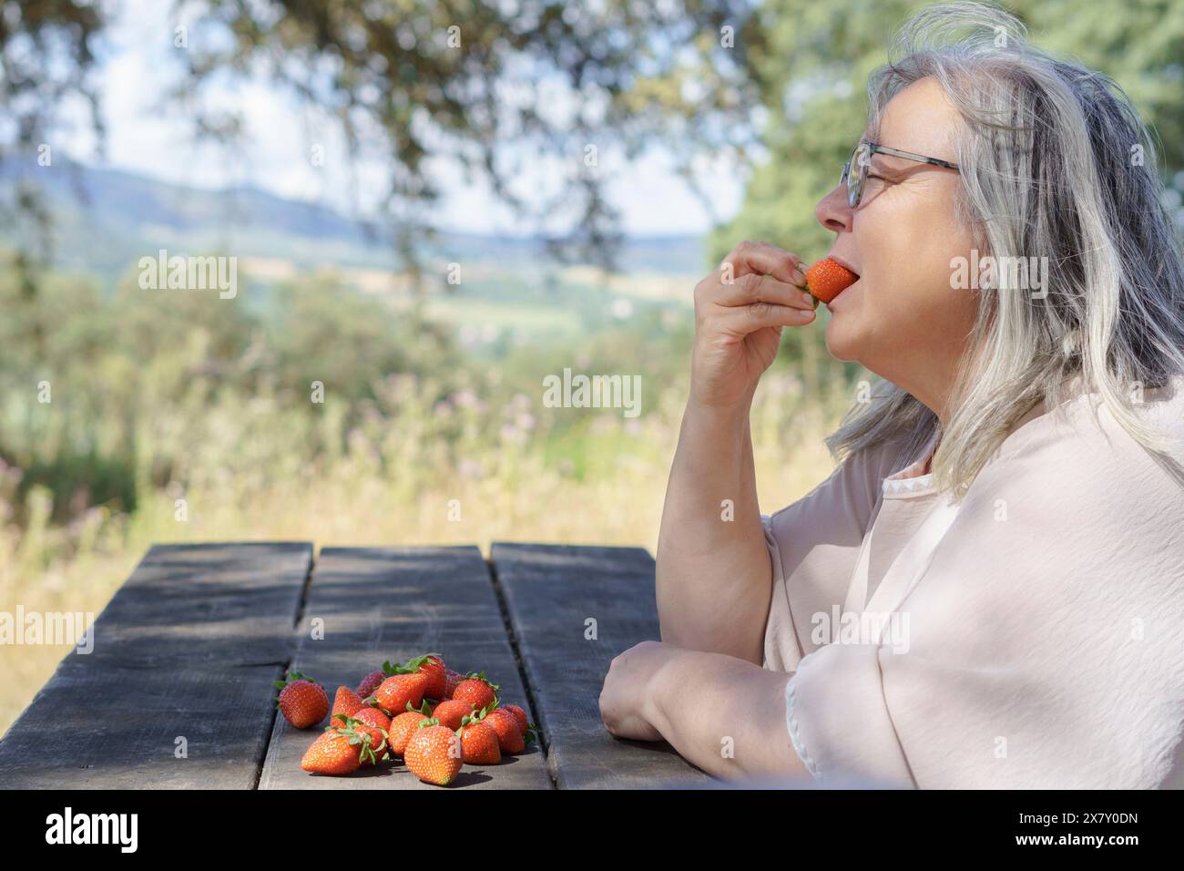 Femme vue de profil manger de savoureuses fraises fraîches à la campagne Banque D'Images