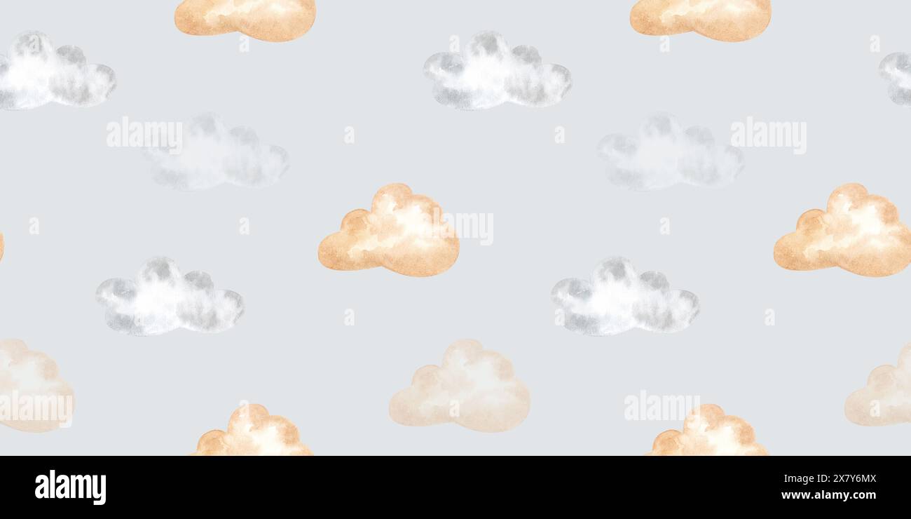 Nuages dessin animé gris et beige motif aquarelle dessiné à la main sans couture. Pour l'impression de tissu ou de textile, conception de mode de vêtements de pépinière d'enfants, douche de bébé, mur Banque D'Images