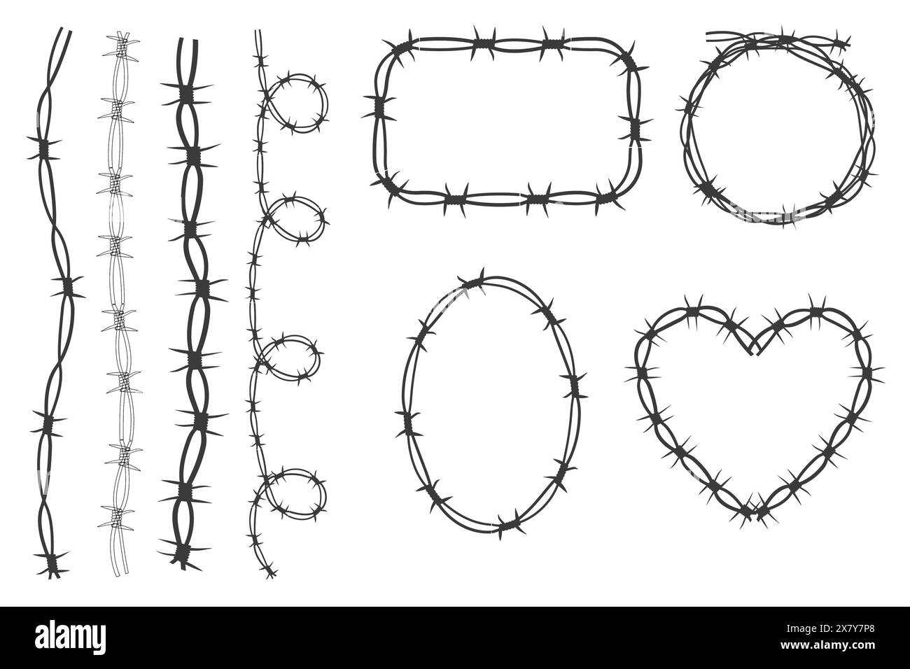 Définir des cadres de fil barbelé tordus y2k, tatouage des frontières, cadre en acier texturé gothique, barrière ovale épi, silhouette isolée sur fond blanc. Illustration vectorielle Illustration de Vecteur
