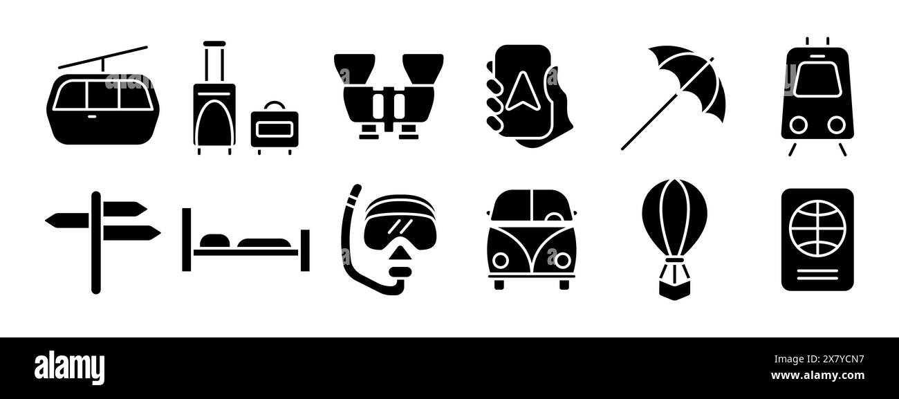 Icône ensemble voyage. Téléphérique, bagages, jumelles, smartphone, parasol, tram, panneau indicateur, lit, tuba, voiture, montgolfière, passeport. Tourisme et Illustration de Vecteur