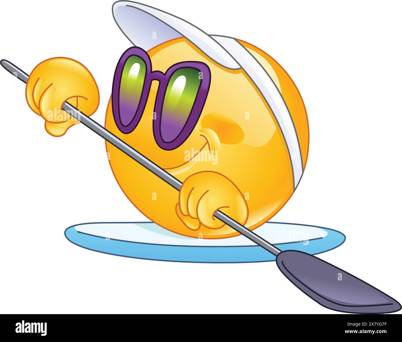 Émoticône heureux sur une planche à paddle SUP portant des lunettes de soleil et une casquette de visière Illustration de Vecteur