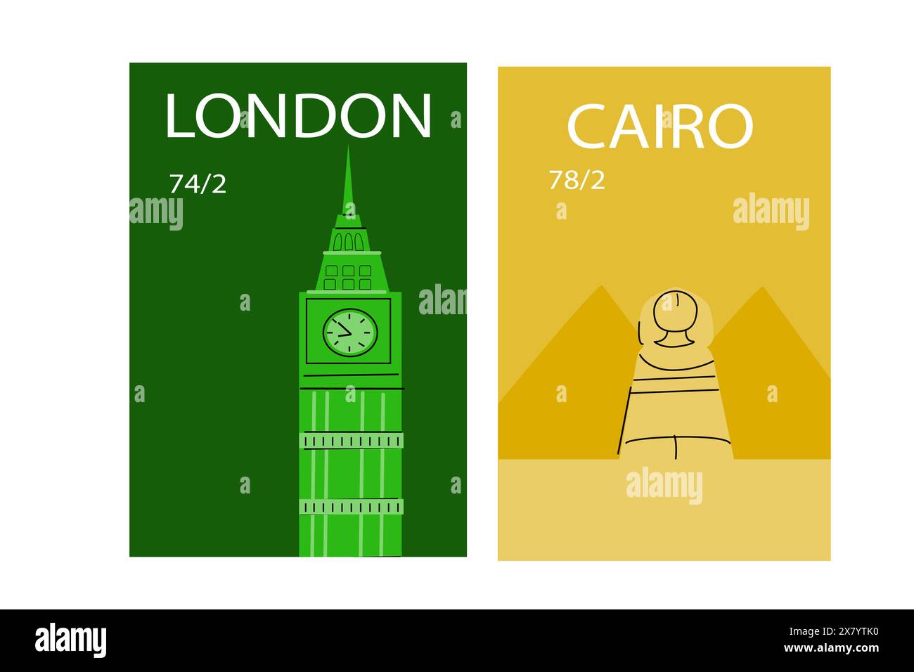 Destinations Londres et le Caire - affiches Europe et Asie avec des éléments célèbres - statues et bâtiments, monuments. Illustration de Vecteur
