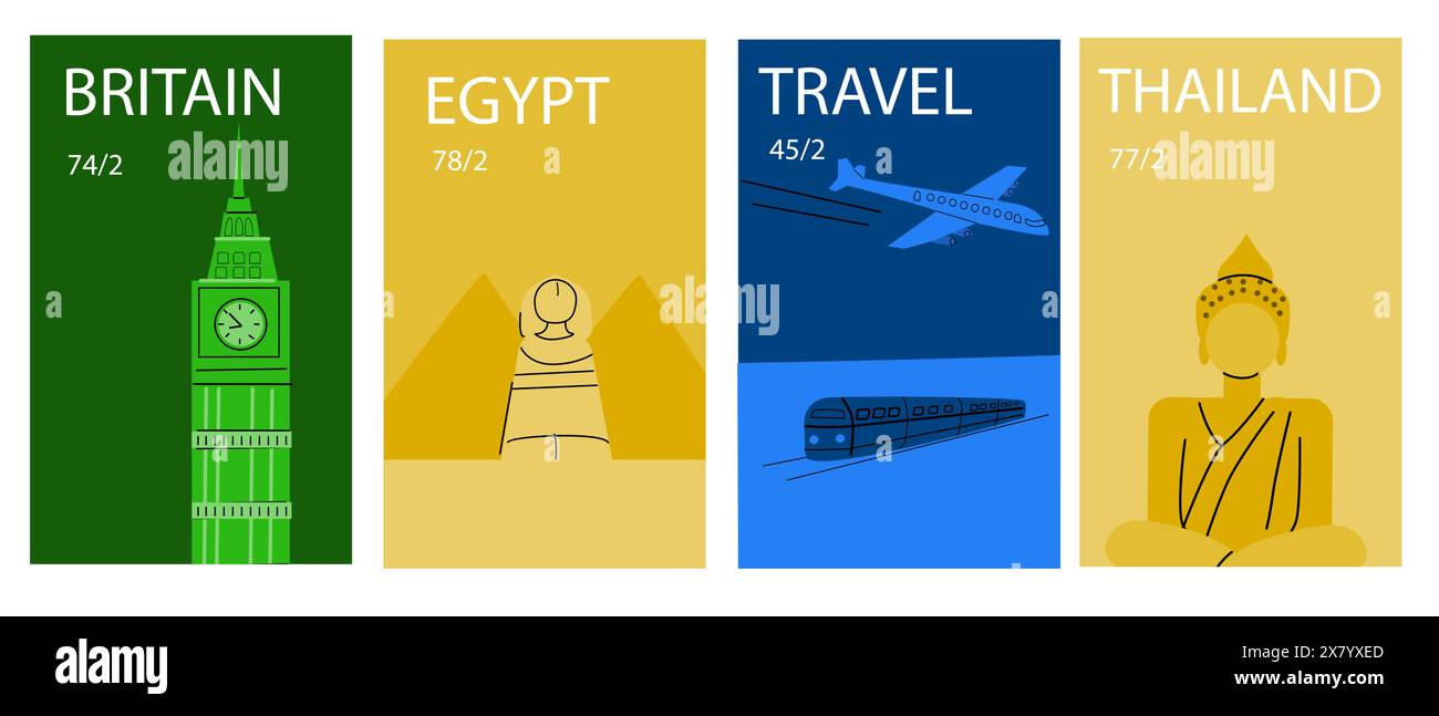 Ensemble d'affiches destinations de voyage Europe et Asie. Éléments célèbres dans le monde, statues et bâtiment. Illustration de Vecteur