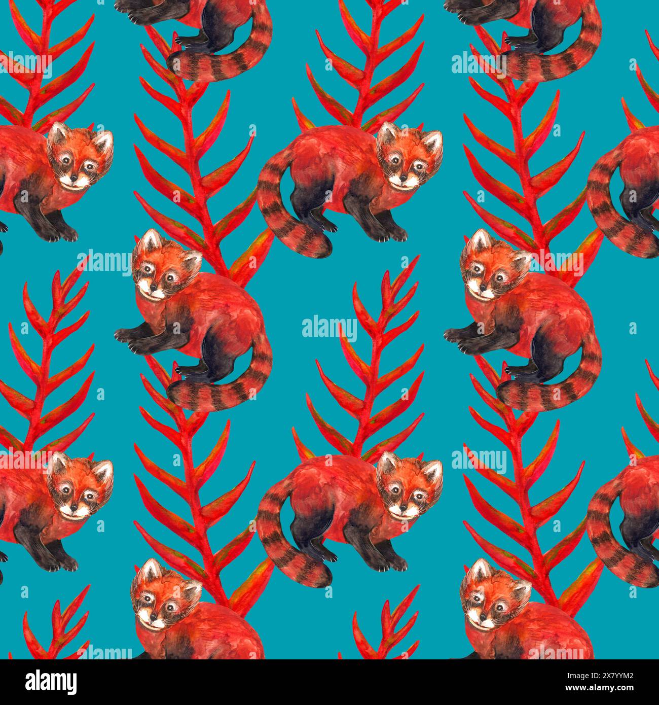 Motif aquarelle sans couture. Nature hyperréaliste des tropiques de l'Asie - panda rouge et plante rouge sur fond bleu Banque D'Images