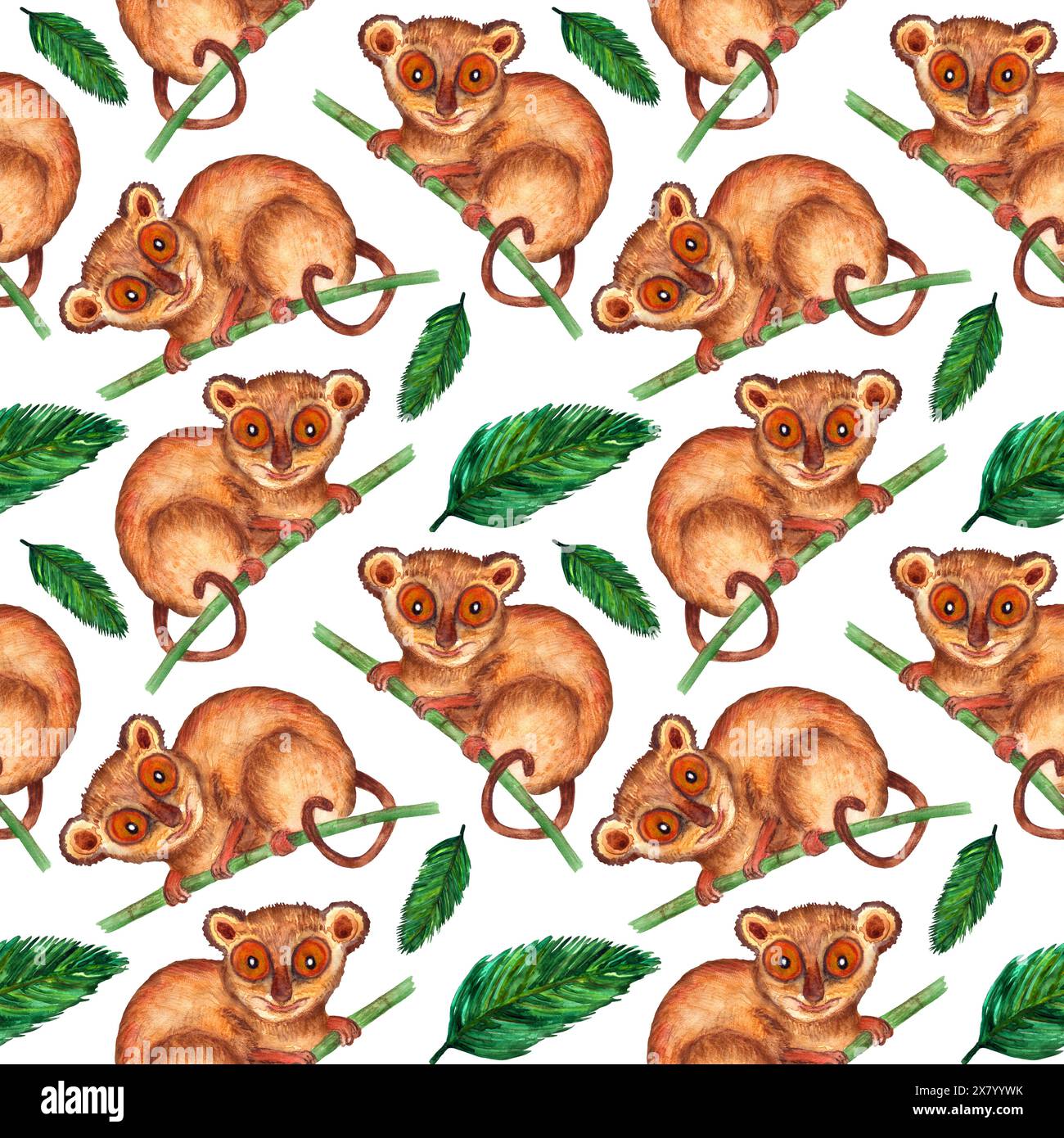Motif aquarelle sans couture. Nature hyperréaliste des tropiques d'Asie - tarsier et feuilles de palmier sur fond blanc Banque D'Images