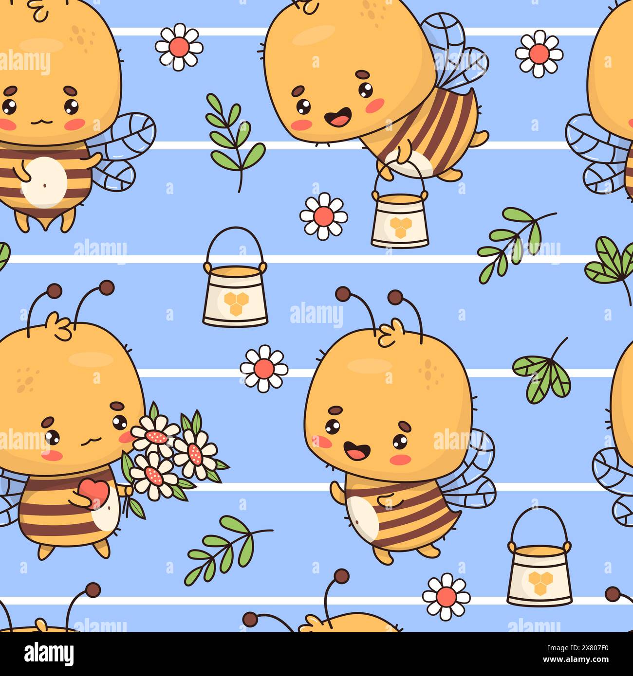 Modèle sans couture avec des abeilles avec bouquet de fleurs et seau de miel sur fond rayé bleu. Illustration vectorielle. Dessin animé insecte mignon kawaii cha Illustration de Vecteur