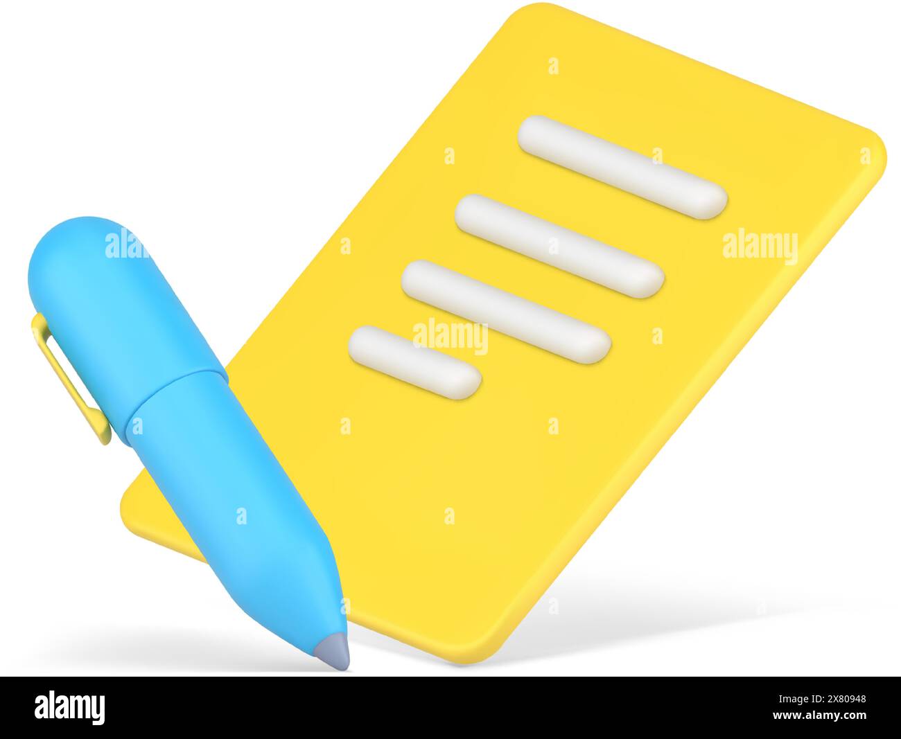 Signature d'un contrat commercial. icône réaliste 3d. Papier volumétrique jaune avec lignes de texte abstrait. Stylo bleu pour les signatures importantes. Accord de coopération Illustration de Vecteur