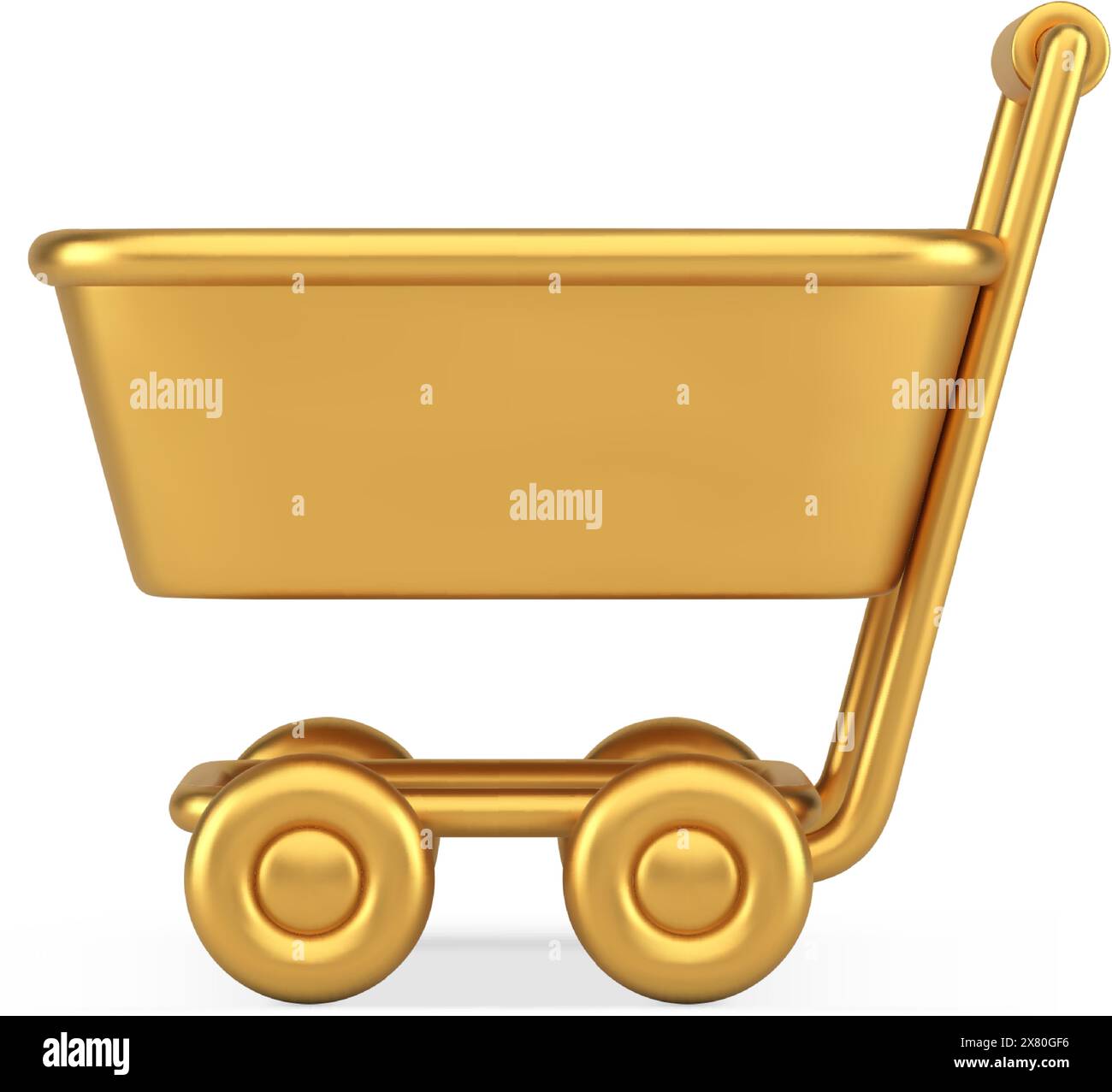 Chariot métallique doré de supermarché Internet marchandises d'achat ajoutant vue latérale 3d icône illustration vectorielle réaliste. Épicerie d'hypermarché avec badge premium Illustration de Vecteur