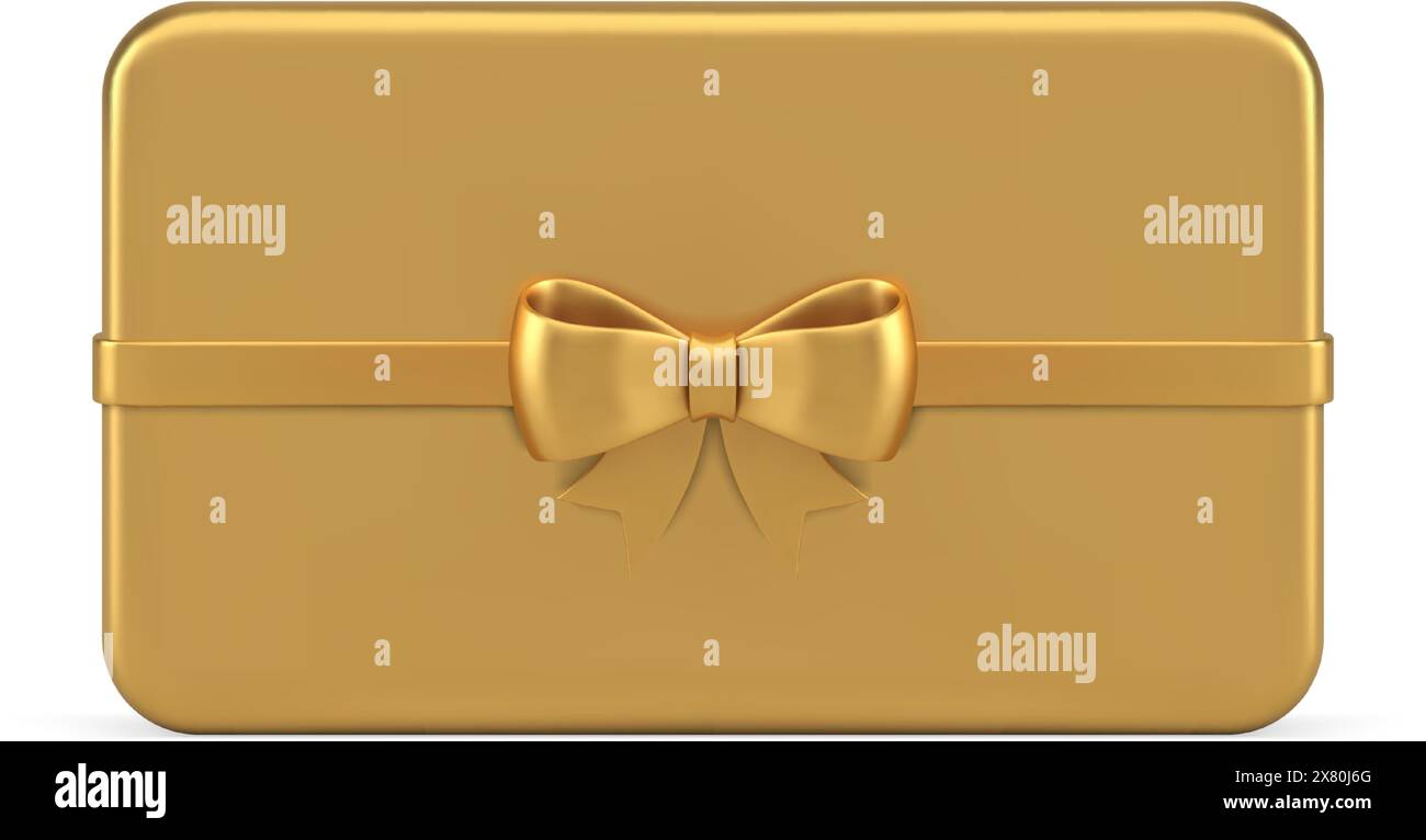 Boîte-cadeau mince métallique dorée premium avec ruban brillant noeud rectangle horizontal pack illustration vectorielle d'icône réaliste. Conteneur de cadeaux coûteux Illustration de Vecteur
