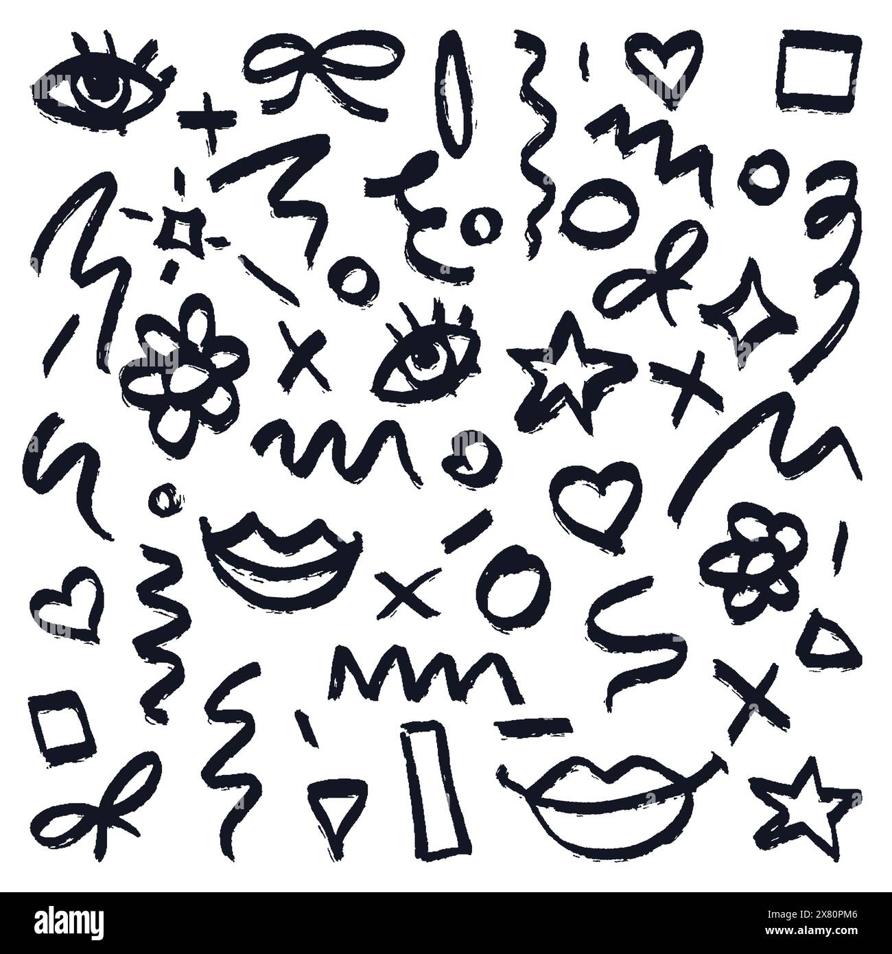 Ensemble de craie abstraite de doodle, crayon crayon dessiné à la main formes gribouillage isolé sur fond blanc. Éléments de conception tendance de graffiti aquarelle vectorielle Illustration de Vecteur