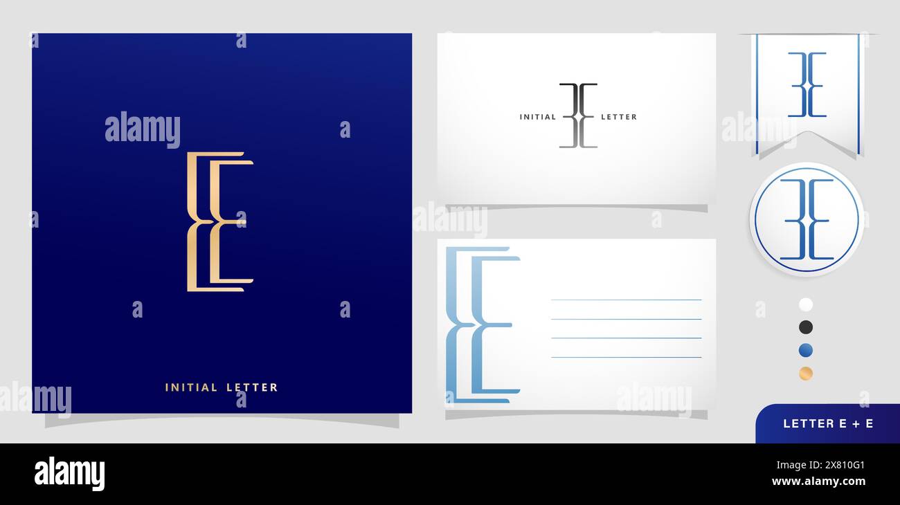 Un ensemble de cartes de visite avec la lettre EE Luxury initiales lettres E et E logos designs en couleurs bleues pour les campagnes publicitaires de marque, typographie Illustration de Vecteur