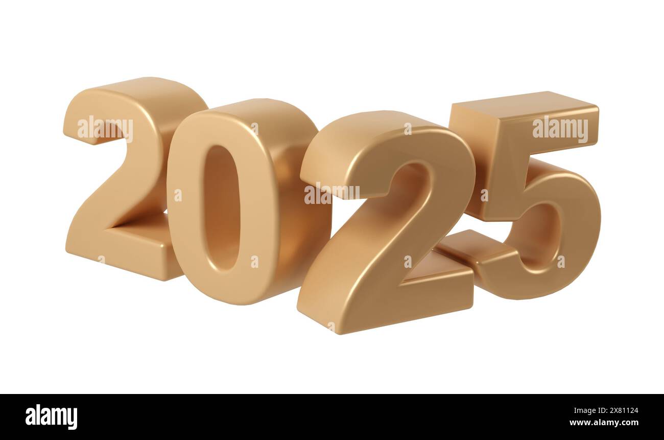 Bonne année 2025 numéros 3D. Motif de fête de noël doré. Illustration d'élément premium pour affiche, bannière, calendrier et carte de vœux Banque D'Images