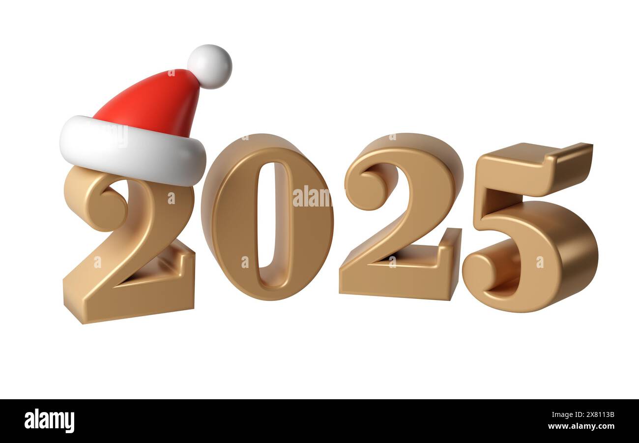 3d bonne année 2025 numéros d'or. Les symboles de dessin animé sont rendus avec le chapeau rouge père noël. Décoration de Noël. Célébrez la fête de Noël affiche bannière, carte de couverture Banque D'Images