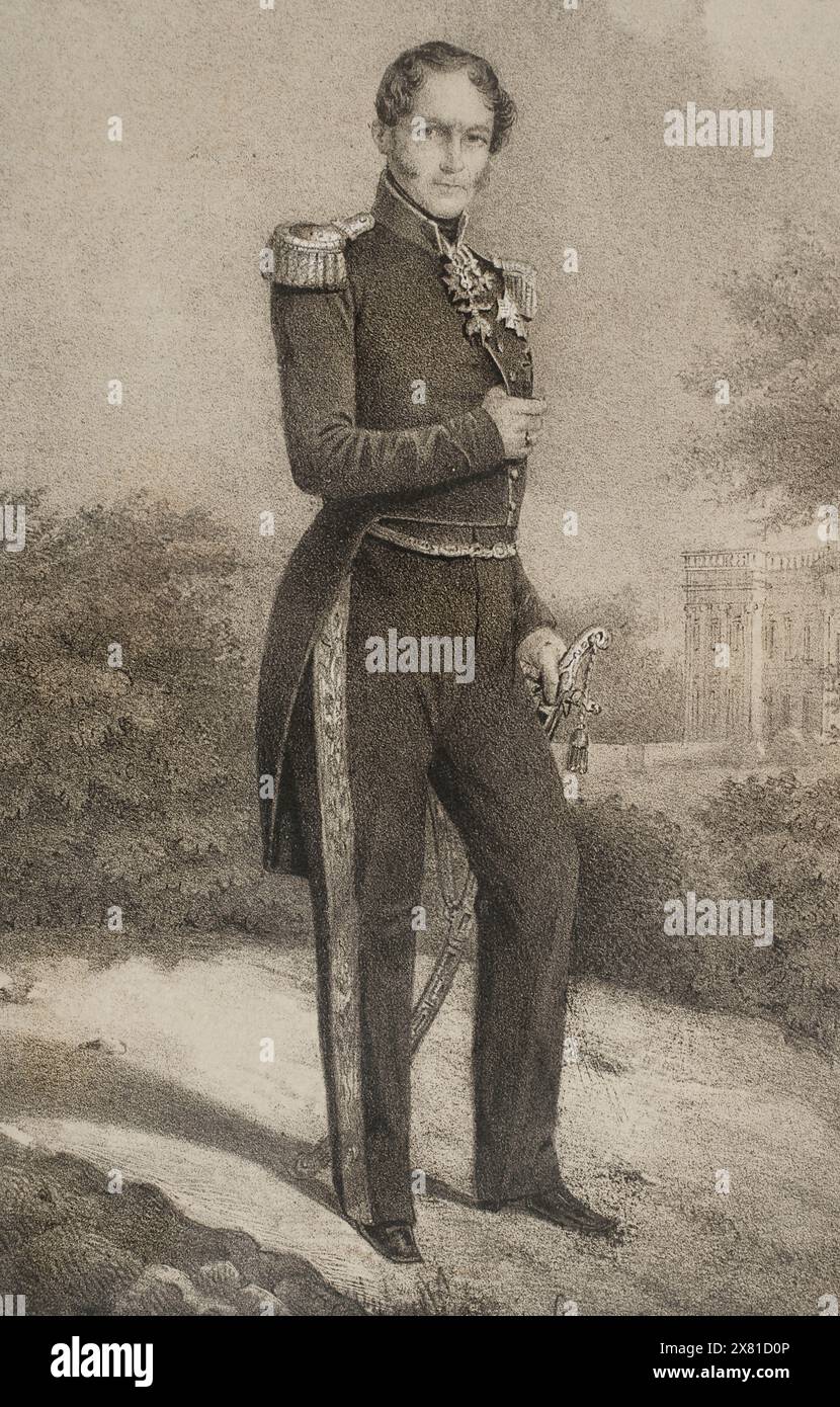 Léopold Ier de Belgique (1790-1865). Premier roi des Belges (1831-1865). Portrait. Dessin de C. Legrand. Lithographie de J. Donón. Reyes Contemporáneos (Rois contemporains). Volume III publié à Madrid, 1854. Banque D'Images