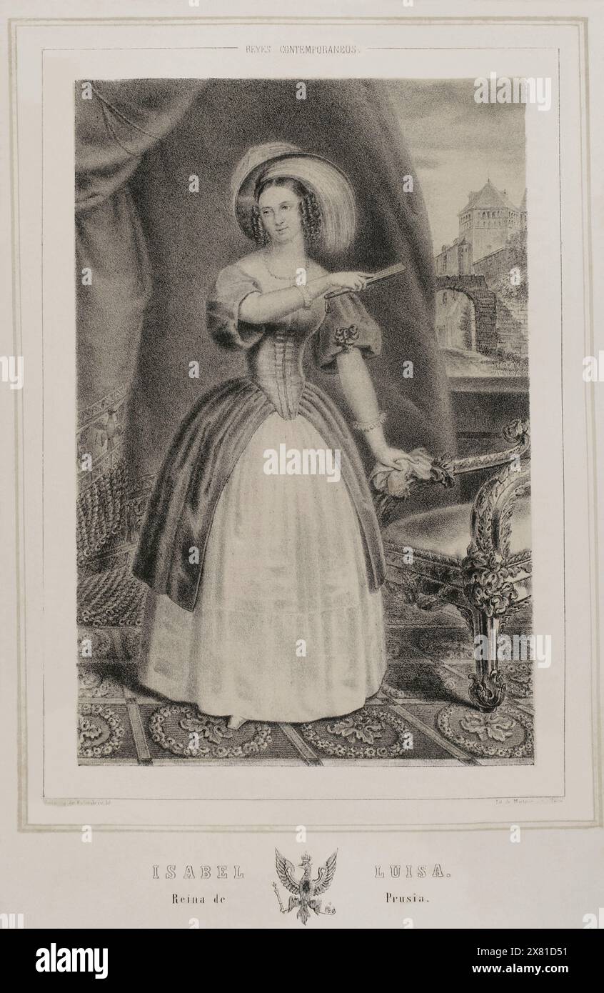 Elisabeth Ludovika de Bavière (1801-1873). Reine consort de Prusse (1840-1861) comme épouse du roi Frédéric-Guillaume IV (1795-1861). Portrait. Dessin de A. Belvedere. Lithographie de J. Donón. Reyes Contemporáneos (Rois contemporains). Volume III publié à Madrid, 1854. Banque D'Images