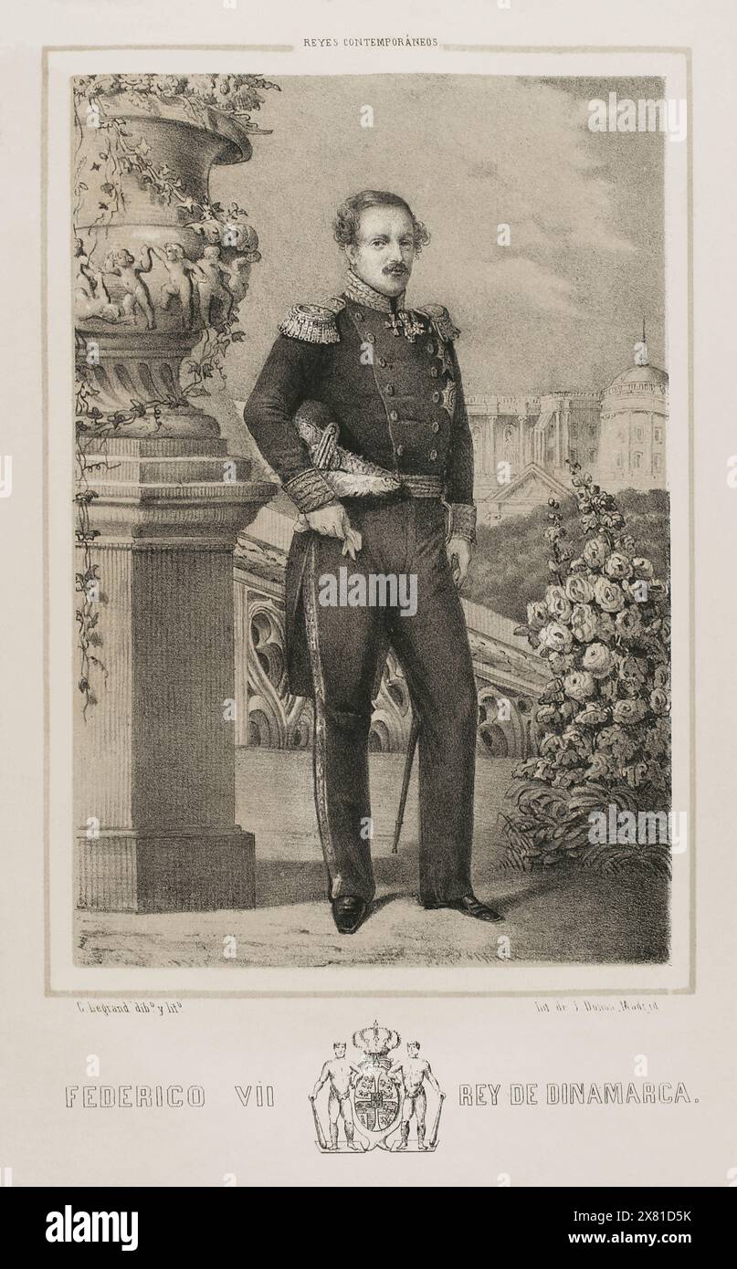 Frédéric VII de Danemark (1808-1863). Roi de Danemark (1848-1863). Portrait. Dessin de C. Legrand. Lithographie de J. Donón. Reyes Contemporáneos (Rois contemporains). Volume III publié à Madrid, 1854. Banque D'Images