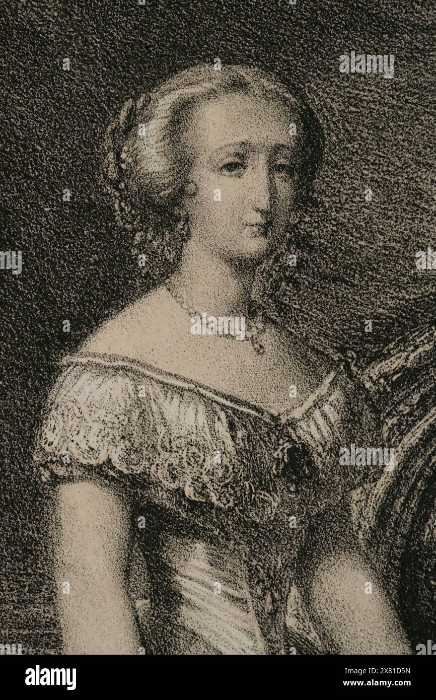 Eugénie de Montijo (Eugenia de Palafox Portocarrero y Kirkpatric) (1826-1920) Aristocrate espagnole et impératrice consort des Français (1853-1870) épouse de Napoléon III (1808-1873). Portrait. Dessin de J. Vallejo. Lithographie de J. Donón. Détail. Reyes Contemporáneos (Rois contemporains). Volume III publié à Madrid, 1854. Banque D'Images