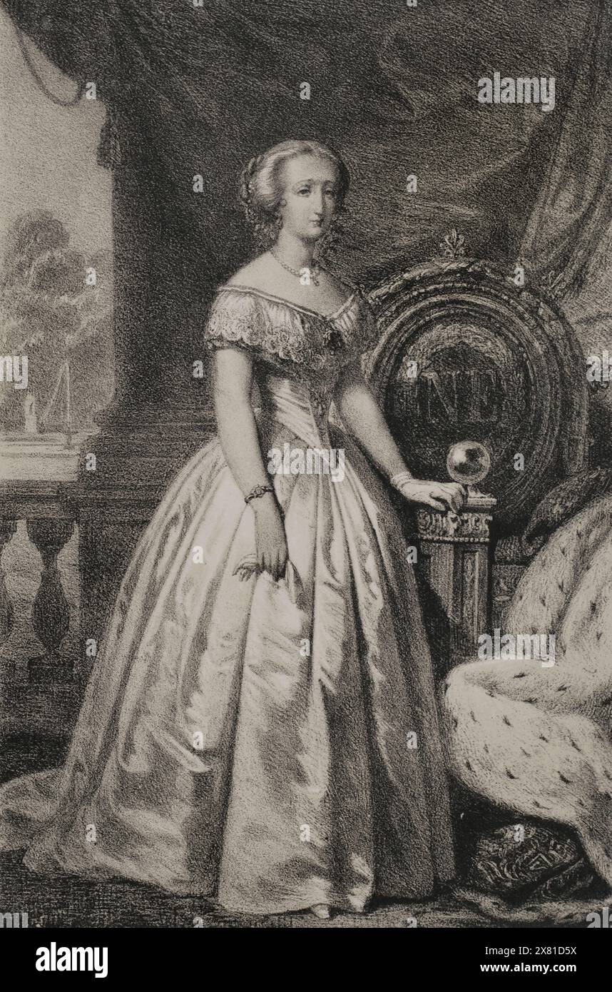 Eugénie de Montijo (Eugenia de Palafox Portocarrero y Kirkpatric) (1826-1920) Aristocrate espagnole et impératrice consort des Français (1853-1870) épouse de Napoléon III (1808-1873). Portrait. Dessin de J. Vallejo. Lithographie de J. Donón. Reyes Contemporáneos (Rois contemporains). Volume III publié à Madrid, 1854. Banque D'Images