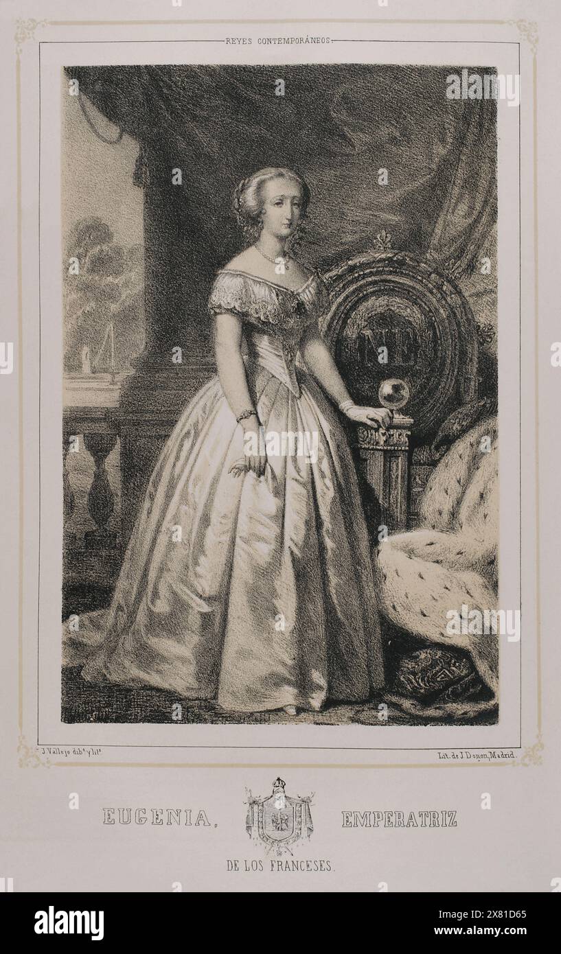 Eugénie de Montijo (Eugenia de Palafox Portocarrero y Kirkpatric) (1826-1920) Aristocrate espagnole et impératrice consort des Français (1853-1870) épouse de Napoléon III (1808-1873). Portrait. Dessin de J. Vallejo. Lithographie de J. Donón. Reyes Contemporáneos (Rois contemporains). Volume III publié à Madrid, 1854. Banque D'Images