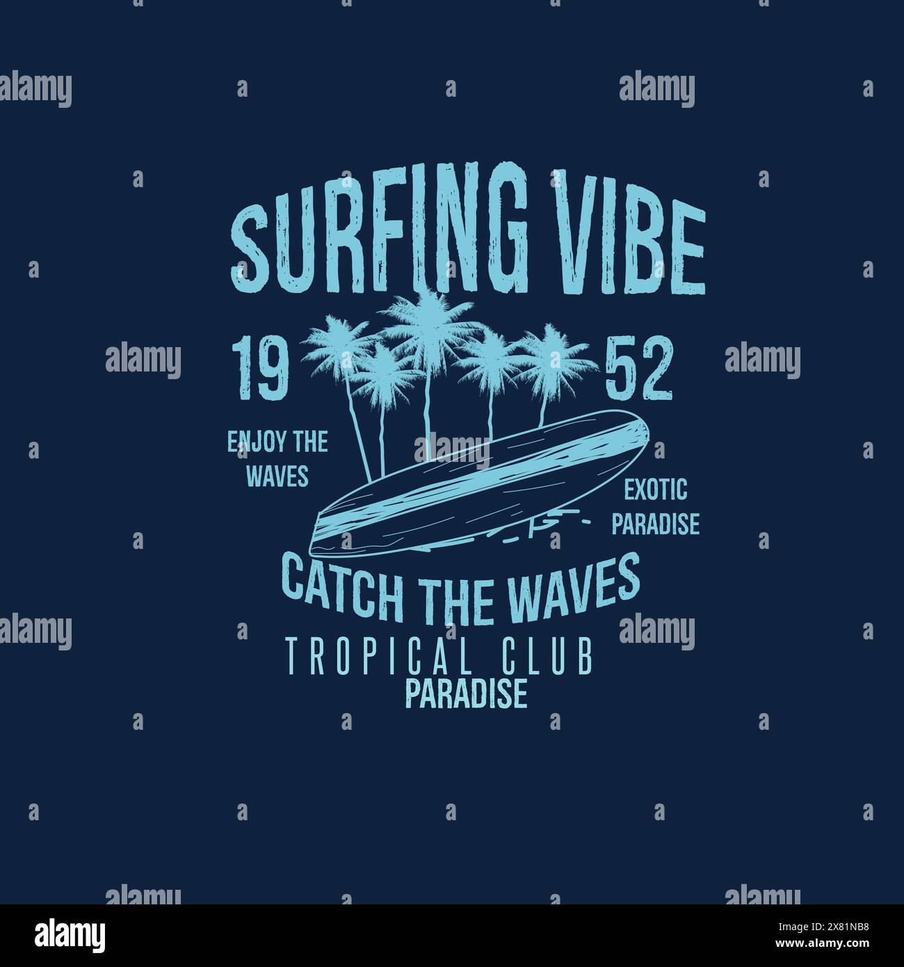 Surf Vibe attraper les vagues été plage typographie surf board palmier tee-shirt graphique Illustration de Vecteur