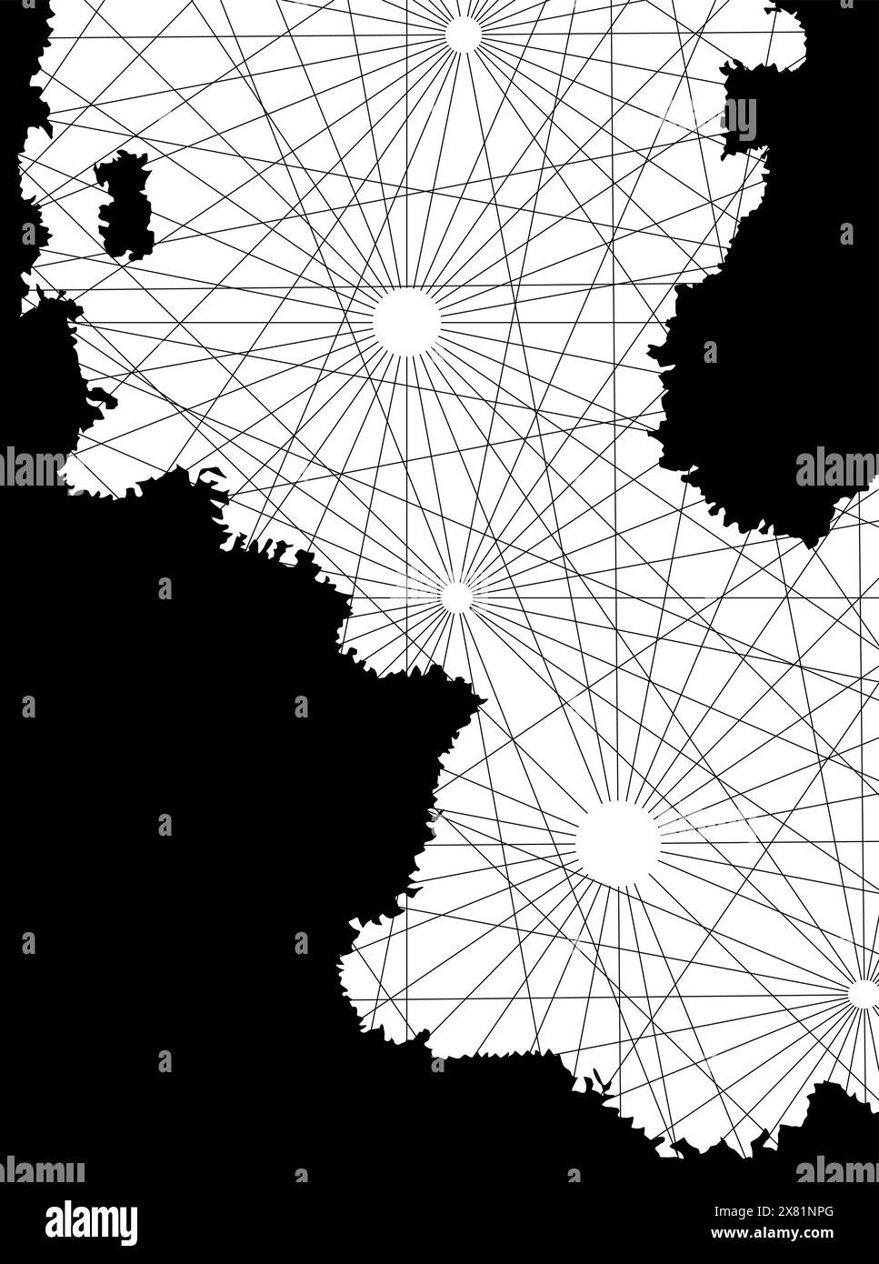 Carte Portolan, deux continents littoral et une mer. Noir et blanc. Navigation moyen âge Illustration de Vecteur