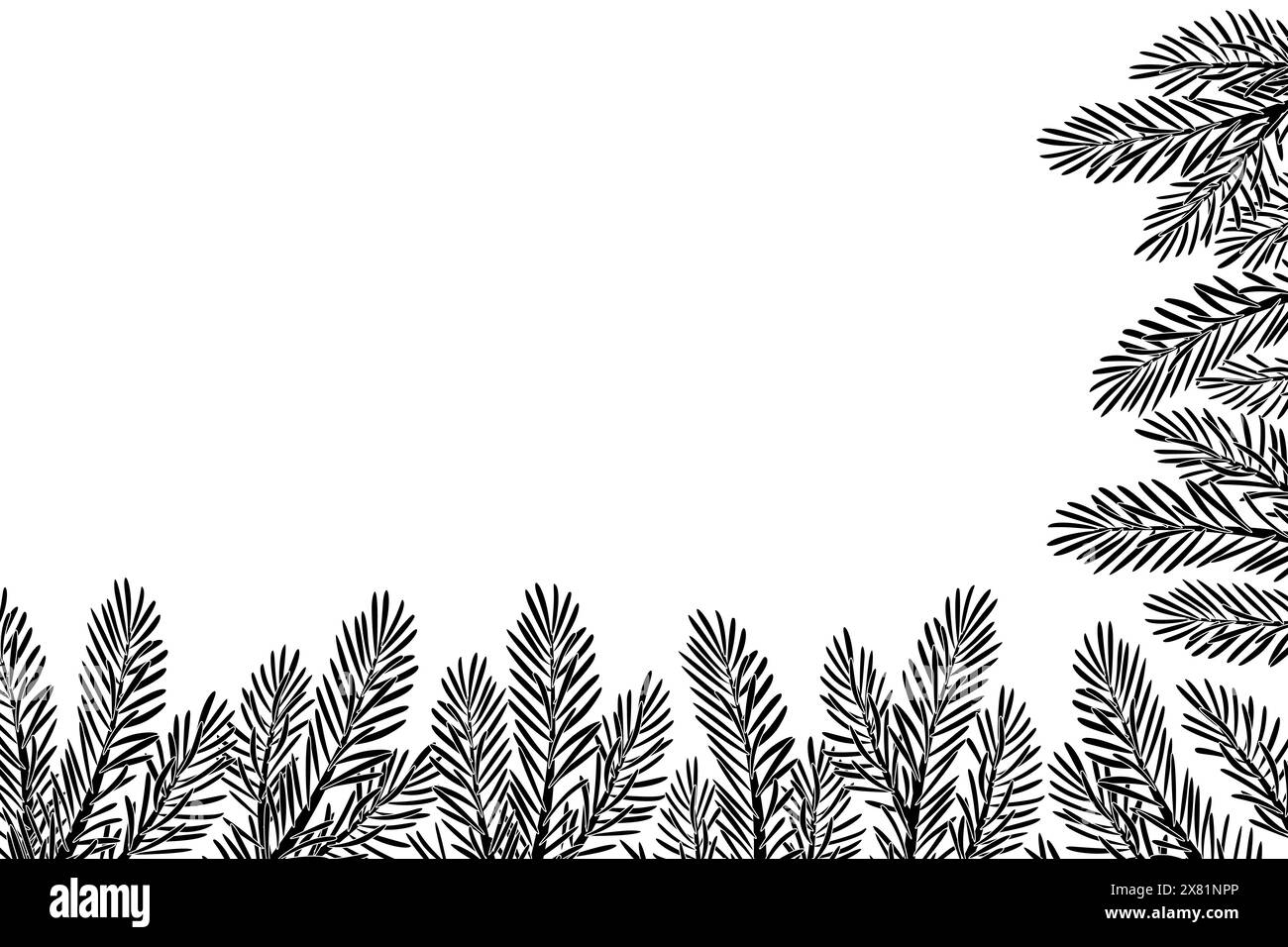 Décoration de cadre d'angle de silhouette d'arbre de Noël. Branches de sapin, pin, branche d'épinette. Illustration vectorielle de style doodle dessinée à la main. Pour le nouvel an, en-têtes de saison d'hiver, cartes, affiches de fête. Illustration de Vecteur