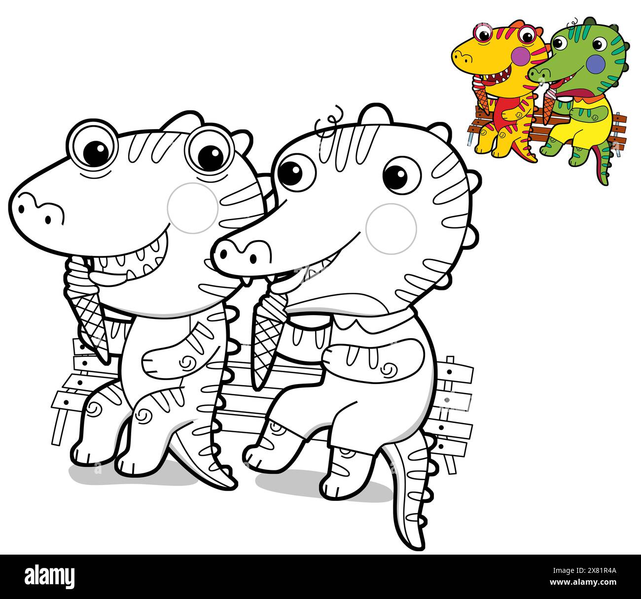 scène de dessin animé avec dinosaure drôle heureux dino lézard dragon kid s'amuser à manger de la crème glacée avec l'enfance d'ami jouant à la maternelle isolé dos Banque D'Images