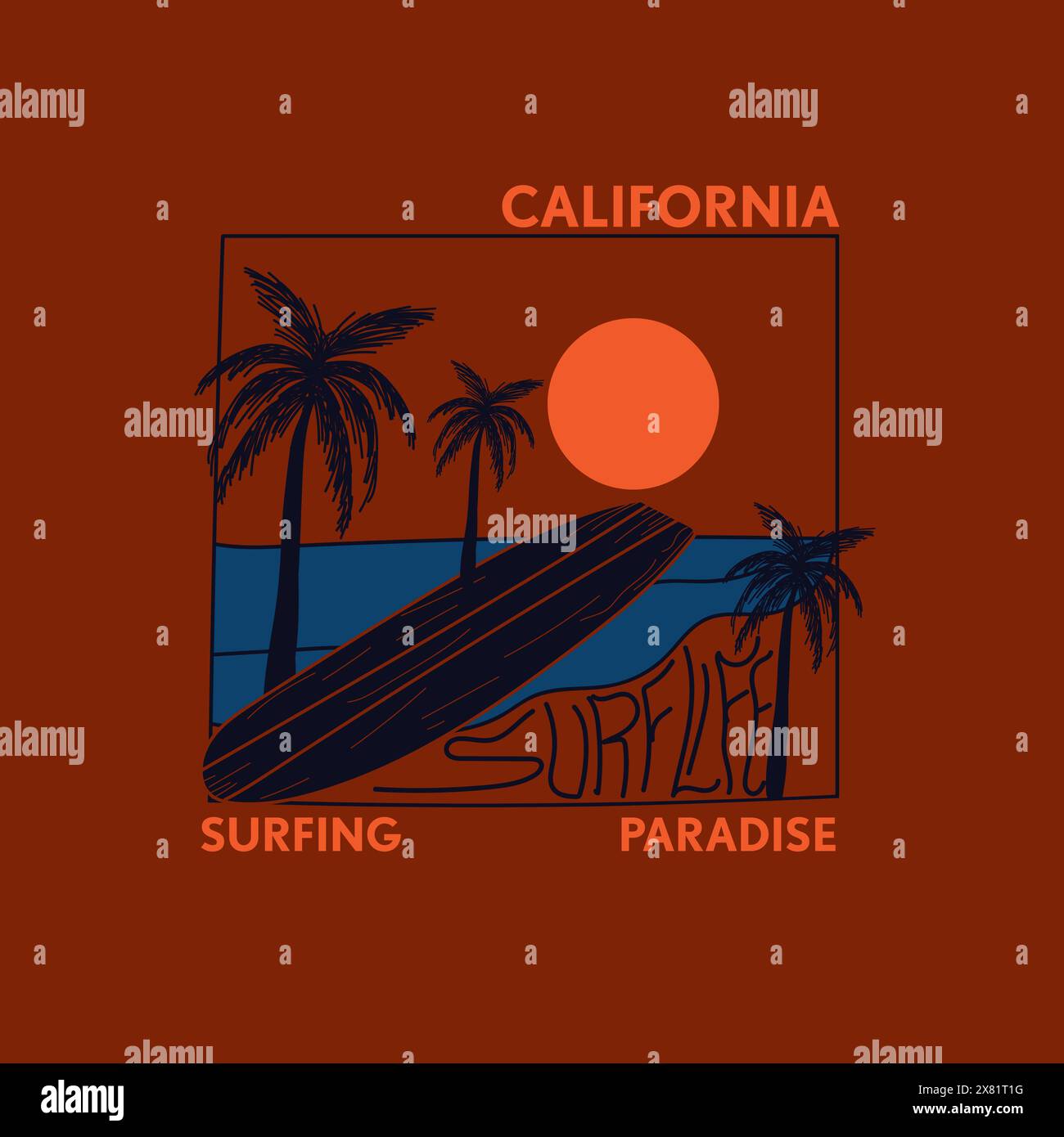 T-shirt rétro California Surfing Paradise Summer Beach palmier imprimé Illustration de Vecteur