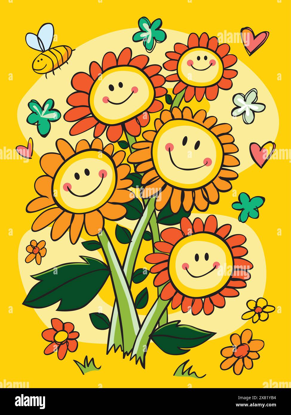 Illustration colorée de bouquet de fleurs de visage souriant dessinée à la main vectorielle avec des coeurs et des étoiles courbes. Convient pour les cartes de vœux et les peintures murales. Illustration de Vecteur