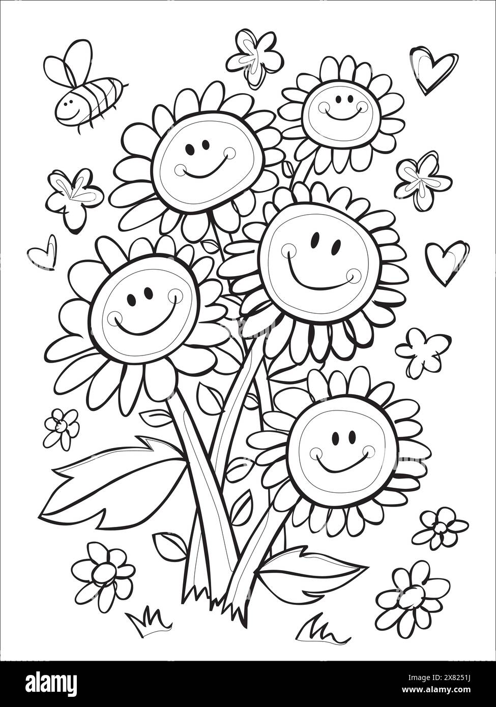Feuille de coloration noire et blanche vectorielle avec illustration de bouquet de fleurs de visage souriant dessinée à la main avec des coeurs et des étoiles courbes. Coloriage adapté aux enfants Illustration de Vecteur