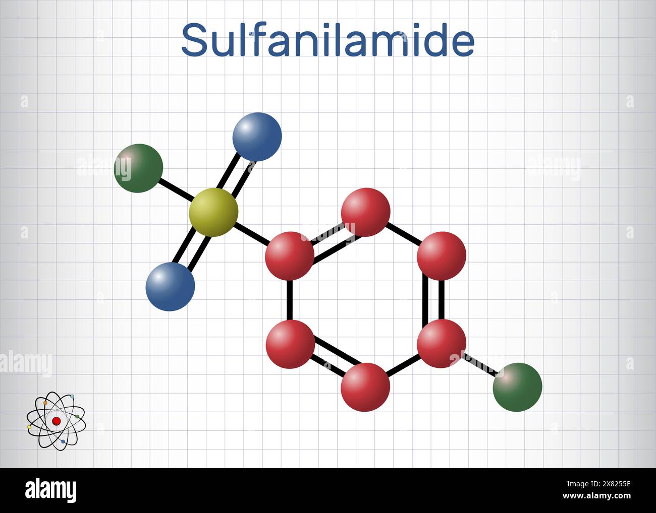 Sulfanilamide, molécule de sulfanilamide. C'est un médicament antibactérien. Modèle moléculaire. Feuille de papier dans une cage Illustration de Vecteur