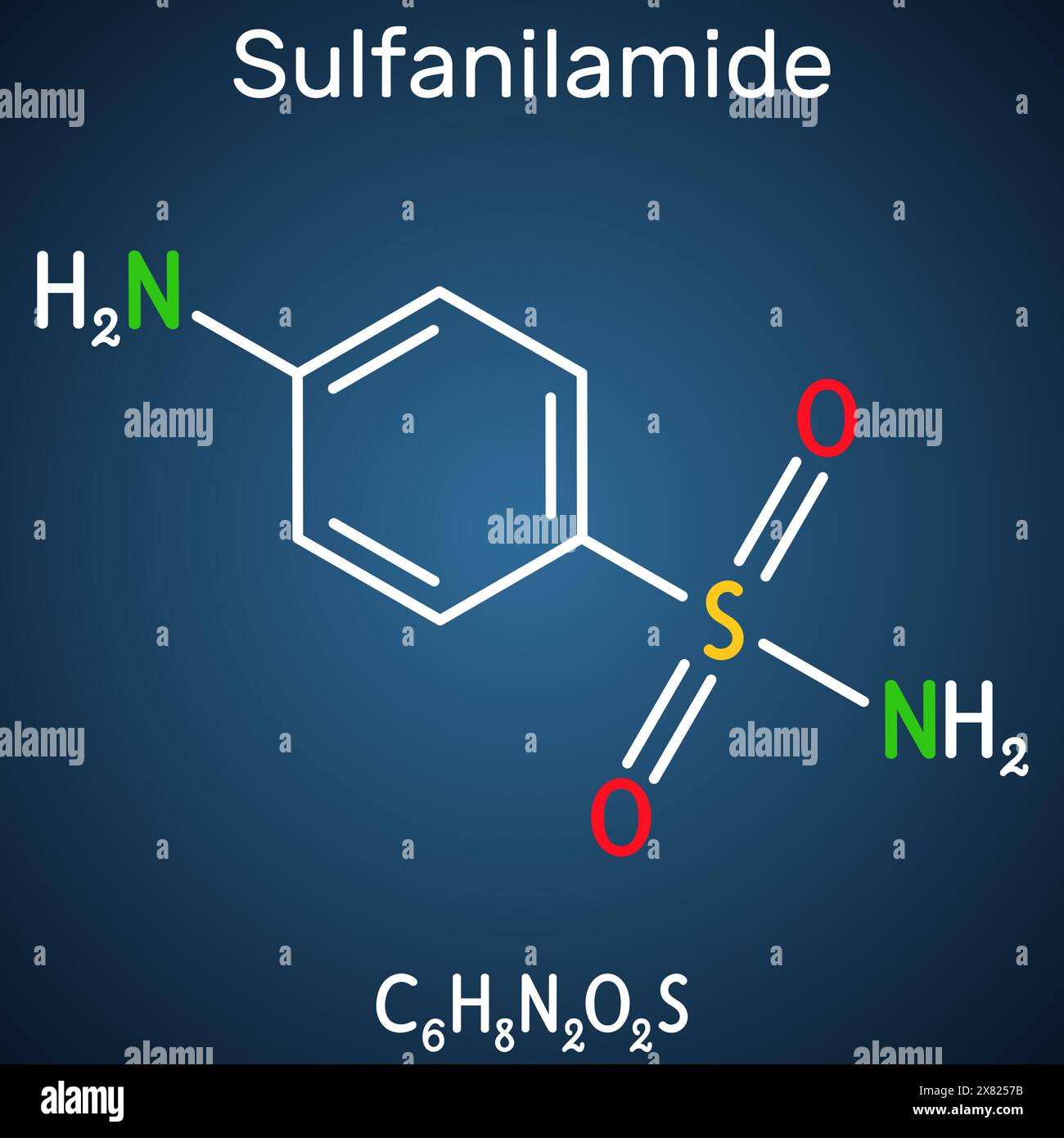 Sulfanilamide, molécule de sulfanilamide. C'est un médicament antibactérien. Formule chimique structurale sur le fond bleu foncé. Illustration de Vecteur