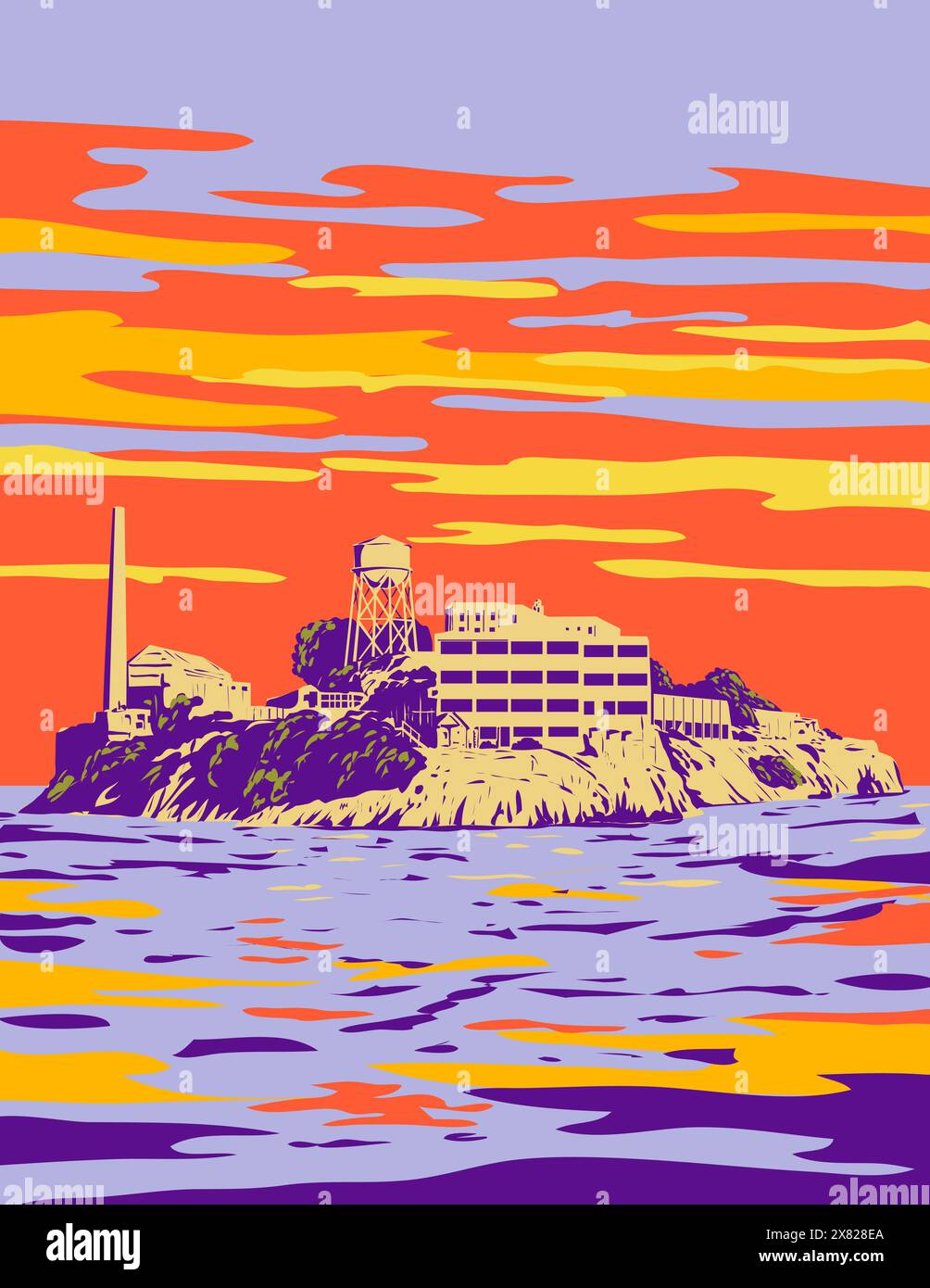 L'art de l'affiche WPA de l'île d'Alcatraz au crépuscule avec un phare, fortification militaire et prison fédérale située à San Francisco, Californie États-Unis fait moi Illustration de Vecteur