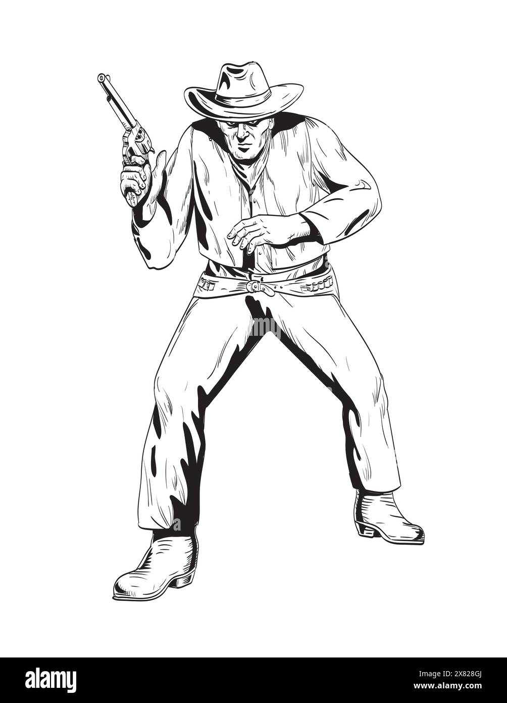 Dessin de style BD ou illustration d'un cow-boy avec un pistolet tiré dans un combat de coups de feu vu de l'avant sur un arrière-plan isolé en noir et blanc rétro Illustration de Vecteur