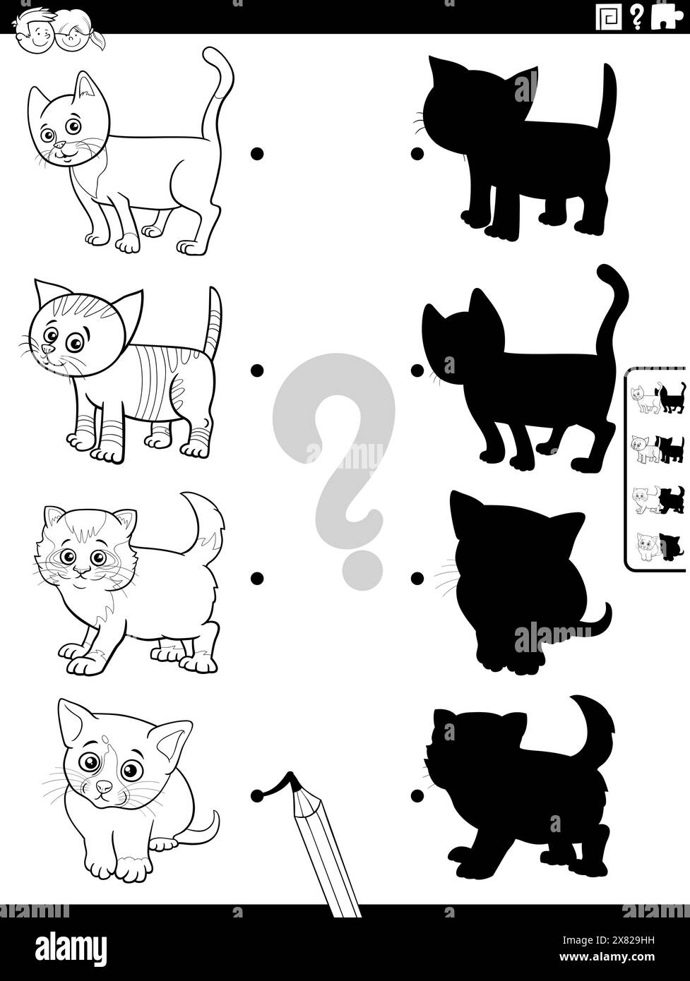 Illustration de dessin animé noir et blanc de match les ombres droites avec des images jeu éducatif avec drôle de chatons coloriage Illustration de Vecteur
