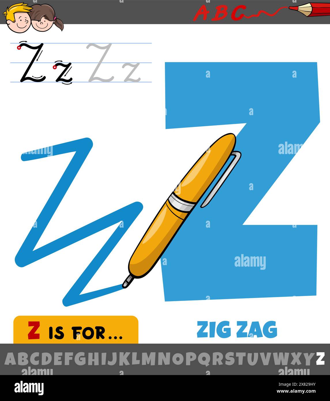 Illustration éducative de dessin animé de la lettre Z de l'alphabet avec motif zig zag Illustration de Vecteur