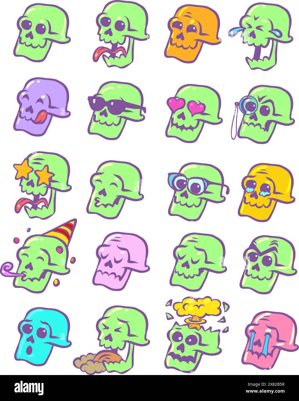 Ensemble d'émotions de crâne squelettique. Ensemble prêt d'autocollants et emojis. Fête des morts et Mexique. Bande dessinée pop art rétro illustration vectorielle main Illustration de Vecteur