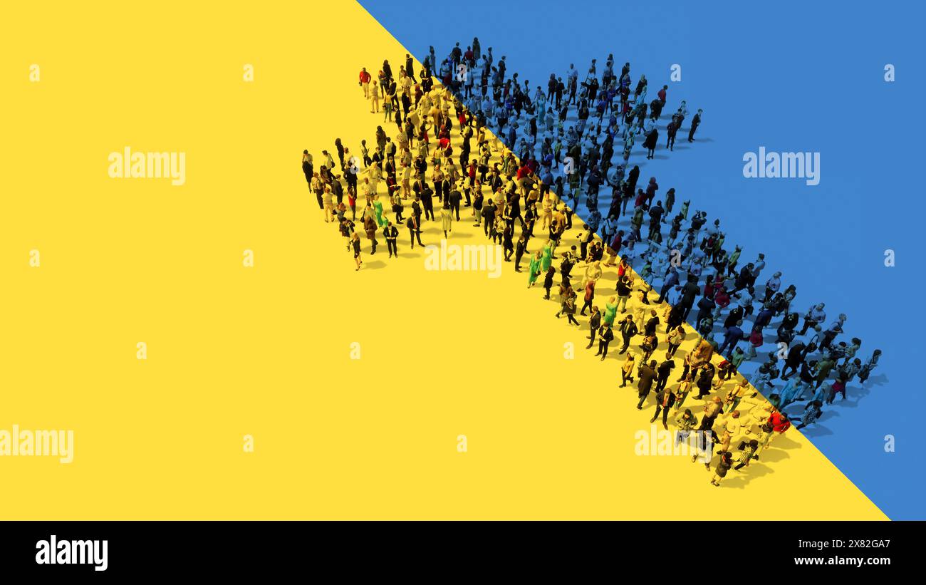 Concept ou communauté conceptuelle de personnes formant l'image de la croix chrétienne religieuse sur le drapeau ukrainien. 3D métaphore de l'illustration pour Dieu, Christ Banque D'Images