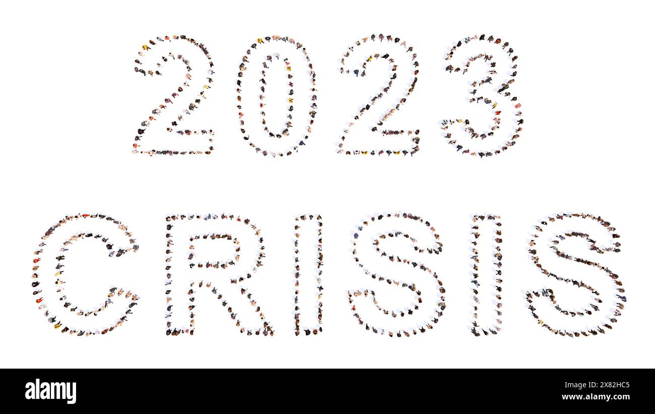 Communauté conceptuelle de personnes formant le message DE CRISE de 2023. 3d illustration métaphore pour la crise économique et financière, récession à long terme Banque D'Images