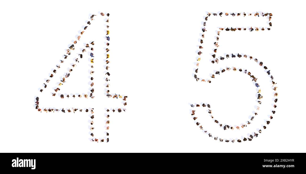 Concept ou conceptuel vaste communauté de personnes formant les polices 4 et 5. 3d métaphore de l'illustration pour l'unité et la diversité, humanitaire, travail d'équipe, Banque D'Images