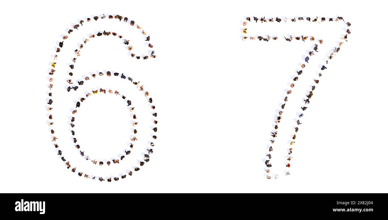 Concept ou conceptuel vaste communauté de personnes formant les polices 6 et 7. 3d métaphore de l'illustration pour l'unité et la diversité, humanitaire, travail d'équipe, Banque D'Images