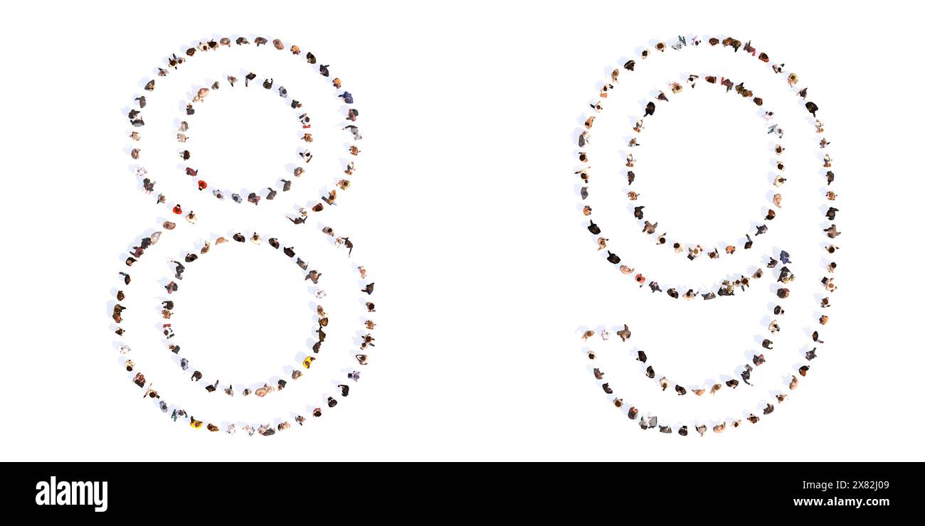 Concept ou conceptuel vaste communauté de personnes formant les polices 8 et 9. 3d métaphore de l'illustration pour l'unité et la diversité, humanitaire, travail d'équipe, Banque D'Images