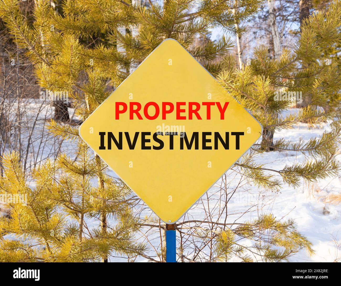 Symbole d'investissement immobilier. Concept Word investissement immobilier sur un beau panneau routier jaune. Beau fond de neige d'arbres forestiers. Propriété commerciale Banque D'Images