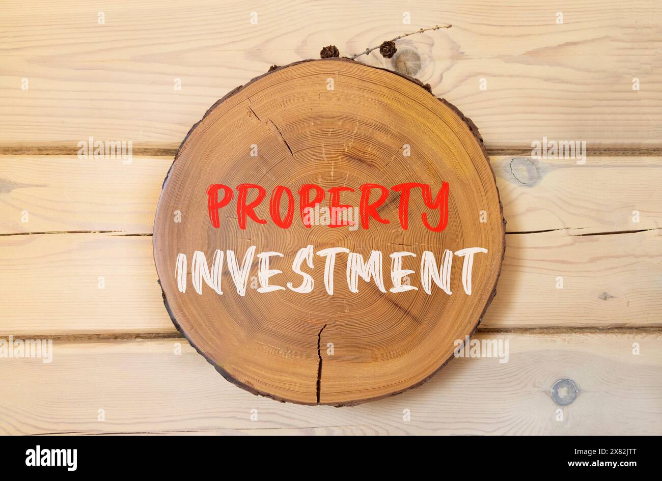 Symbole d'investissement immobilier. Concept words investissement immobilier sur beau cercle en bois. Beau fond de mur en bois. Investissement immobilier d'entreprise Banque D'Images