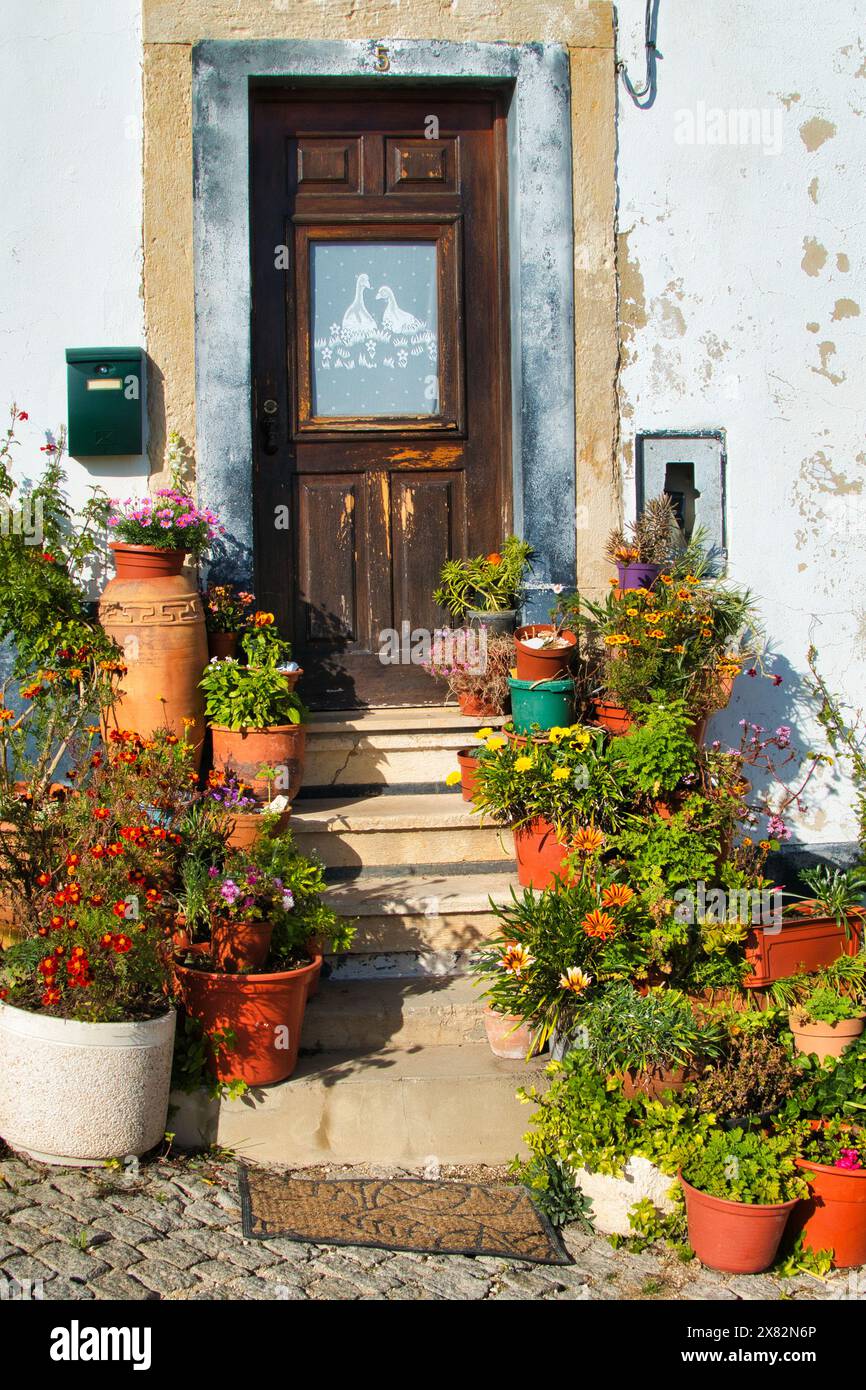 Entrée et porte d'entrée d'une maison traditionnelle portugaise, embellie avec des plantes en pot à fleurs, dans la ville d'Aljezur, Algarve Banque D'Images