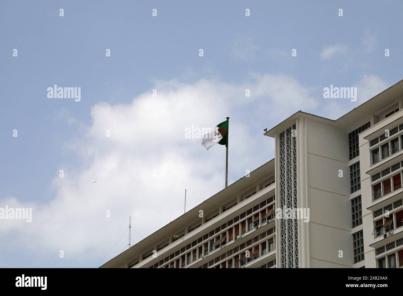 Drapeau de l'Algérie flottant au palais du gouvernement construit dans les années 1930 à Alger Banque D'Images