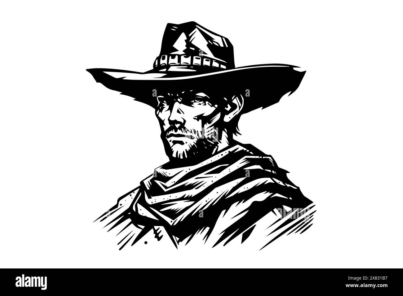 Buste de shérif de cow-boy ou tête sur chapeau dans le style de gravure. Croquis à l'encre dessiné à la main. Illustration vectorielle. Illustration de Vecteur