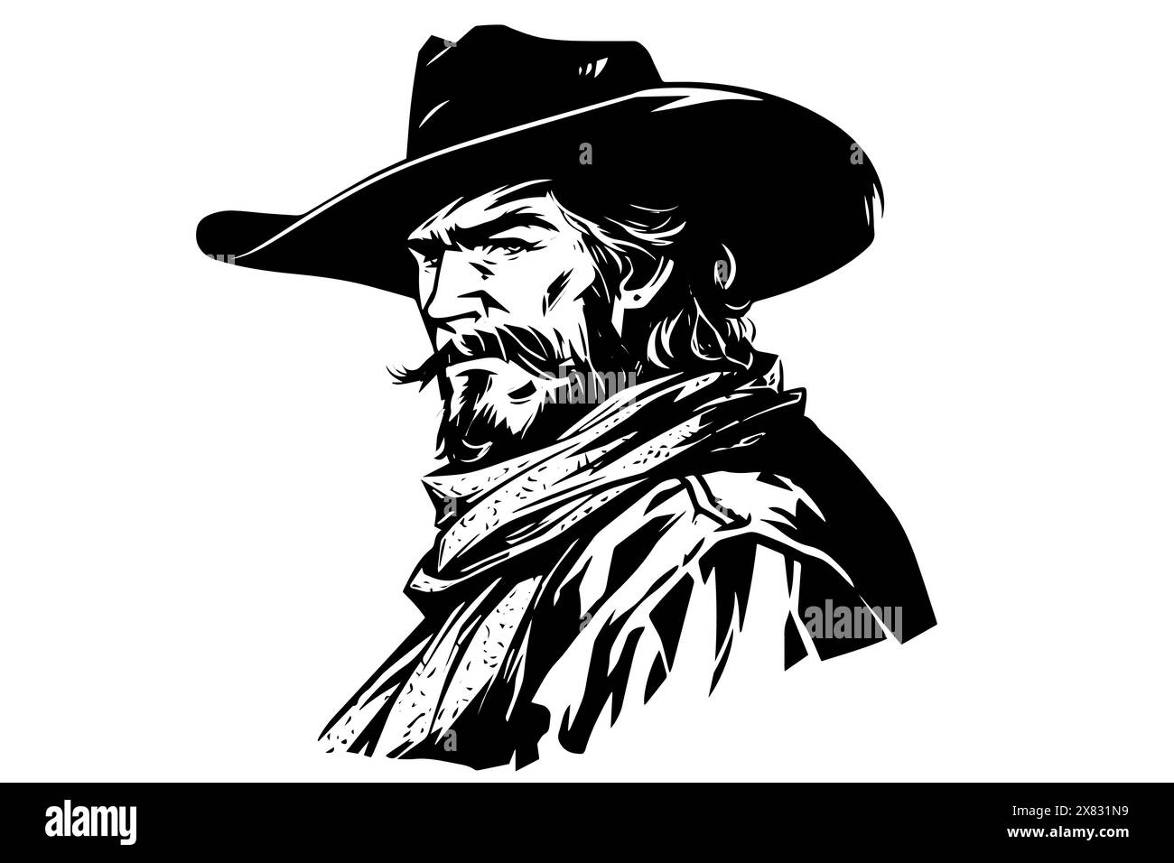 Buste de shérif de cow-boy ou tête sur chapeau dans le style de gravure. Croquis à l'encre dessiné à la main. Illustration vectorielle. Illustration de Vecteur